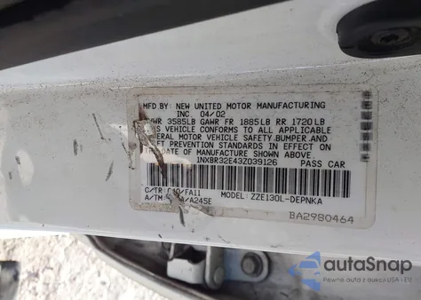 2003 Toyota Corolla Le from USA, damaged, VIN 1NXBR32E43Z039126